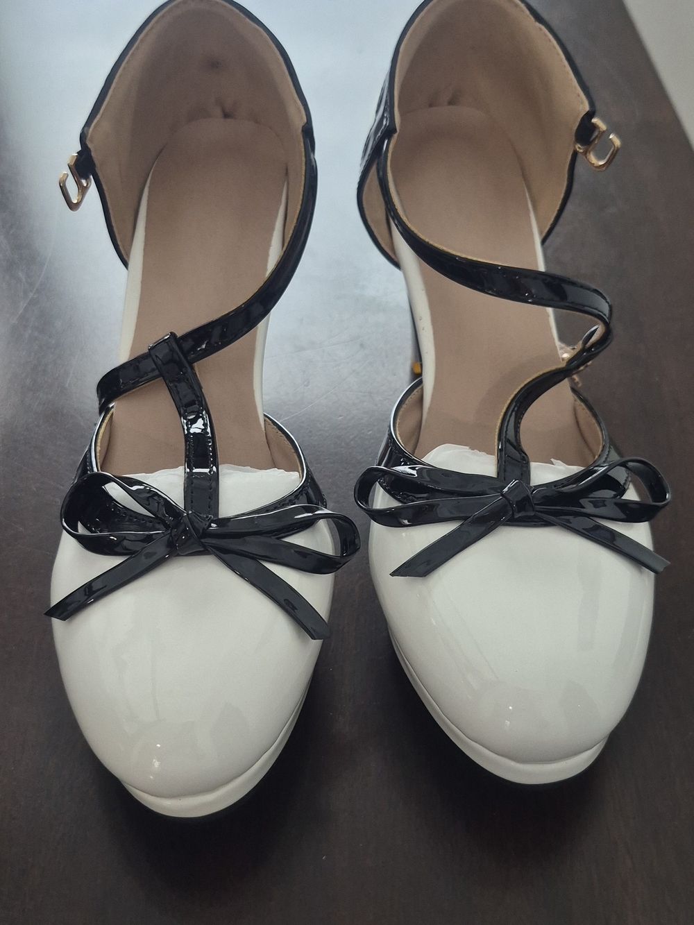 Women's Two-Tone Patent Bow Ankle-Strap Heels - White/Black